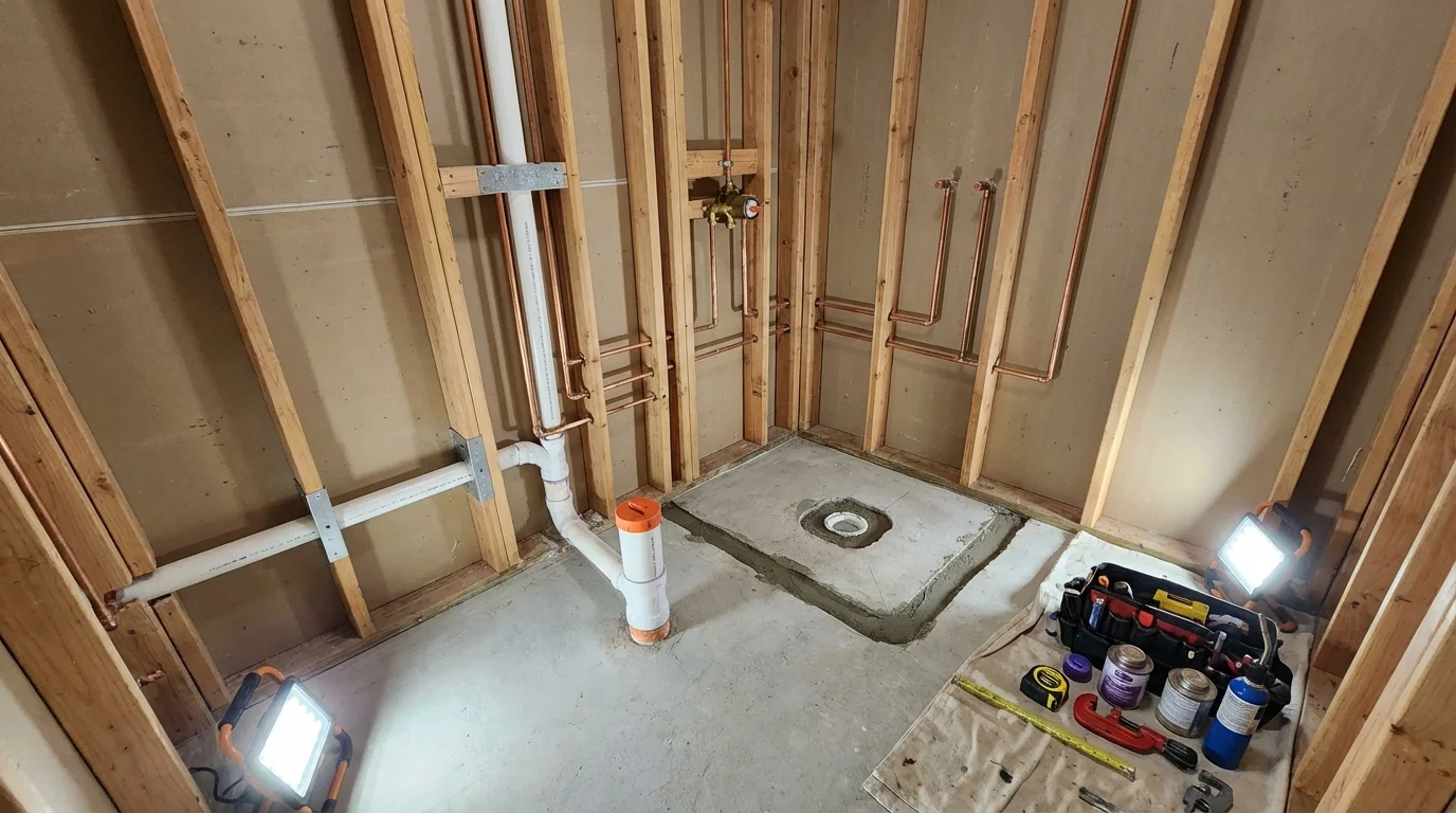 Bathroom rough-in plumbing during remodel by Johns Plumbing LLC in Lillington