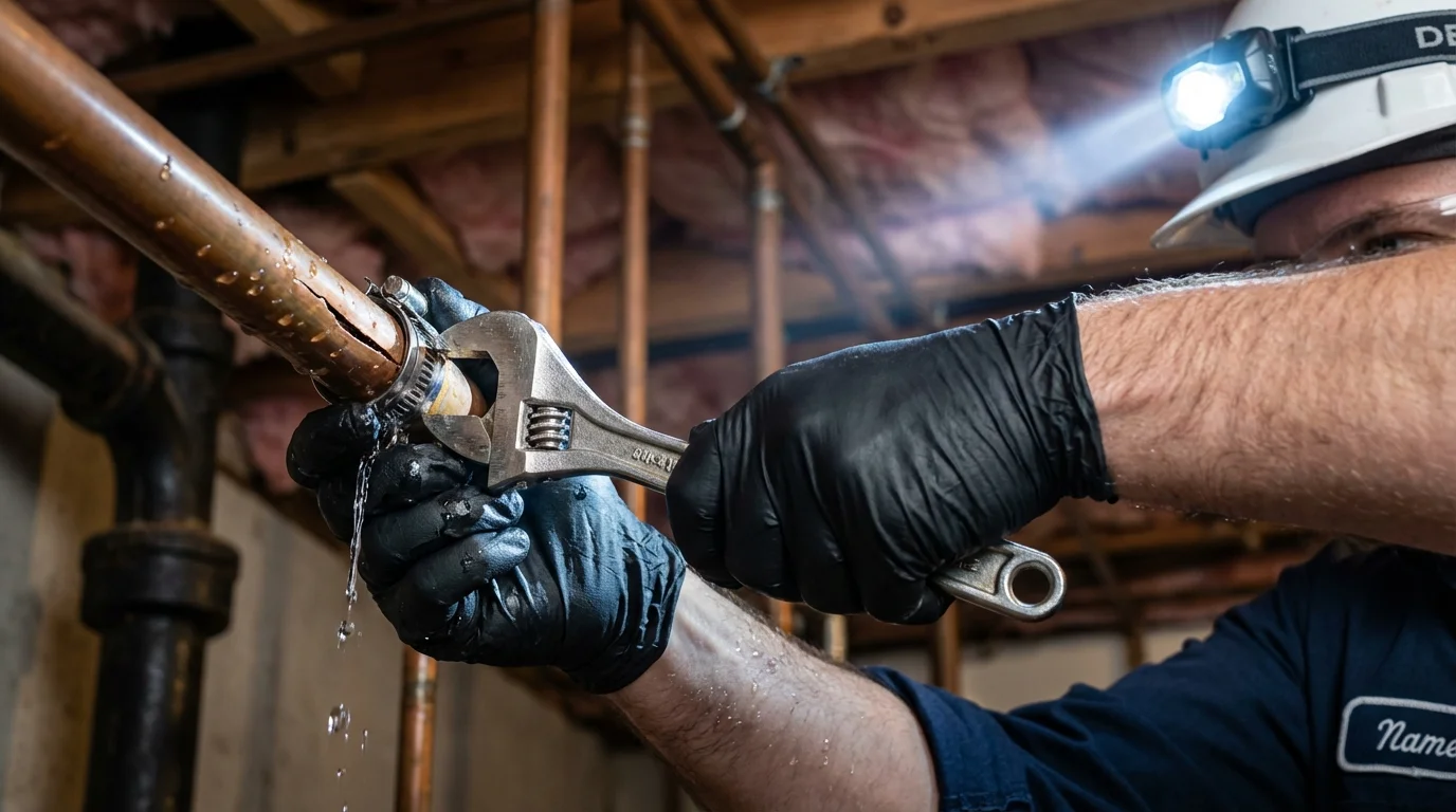 Emergency pipe clamp repair being performed by a Johns Plumbing LLC plumber in Lillington