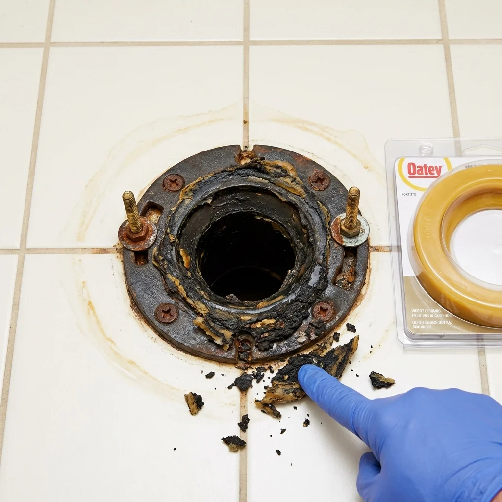 Failed wax ring showing water seepage at the base of a toilet in a Lillington, NC home