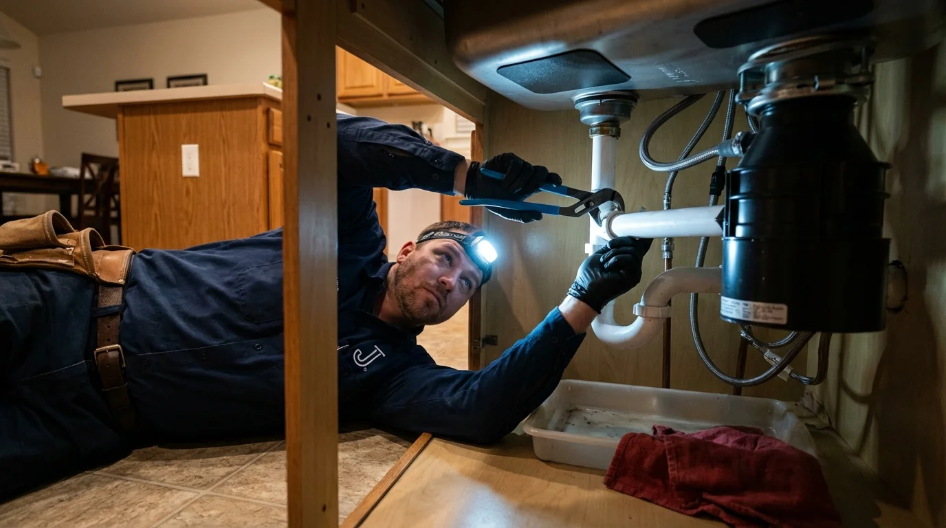 P-trap and supply line connections under a kitchen sink showing a common leak point in Lillington, NC